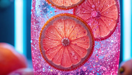 Macro Yuzu Tonic with Diamond Bubbles â Futuristic Neon Beverage Photoの素材