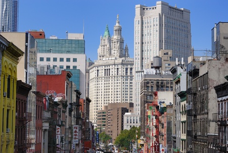 New York City, USA, September 19, 2010 - View of East Broadway in New York City's Chinatown district, leading towards such buildings as the spired Municipal Building.のeditorial素材