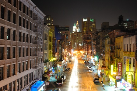 View down east broadway at night in New York City's chinatown. August 30, 2010.