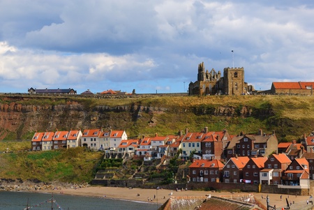Whitby Abby on West Cliff in Whitby, England.の写真素材
