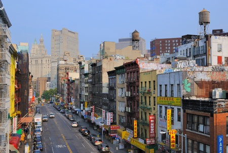 Shops and apartments down East Broadway in Chinatown, New York City. June 20, 2010.のeditorial素材