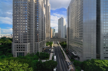 View of Metroplitan government buildings in Shinjuku, Tokyo, Japan.