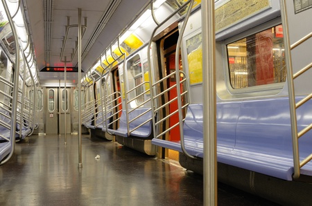 Interior of a the J Train, part of the New York City Subway System.のeditorial素材