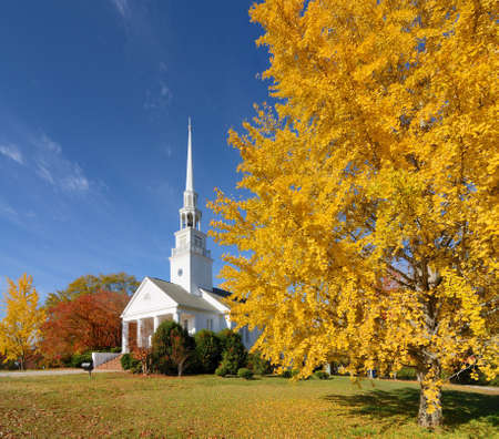 presbyterian church with autumn foliageの写真素材