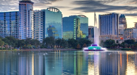 Skyline of Orlando, Florida from lake Eola.のeditorial素材