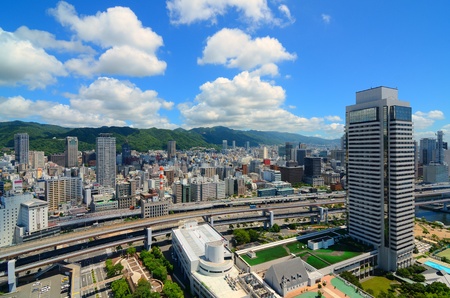 Hanshine Expressway winds through the cityscape of Kobe, Japan.のeditorial素材