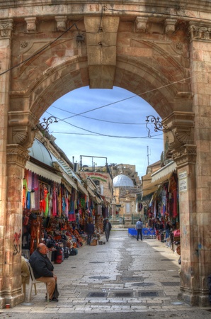 JERUSALEM - FEBRUARY 23: Gateway to the Muristan in the Old City February 23, 2012 in Jerusalem, IL. The site was the location of the first hospital of the Knights Hospitaller during the crusades.のeditorial素材