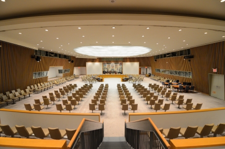 NEW YORK CITY - MAY 21: The United Nations Security Council Chamber May 21, 2012 in New York, NY. The Council consists of five permanent members who have the power to veto any resolution.のeditorial素材