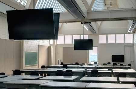 Modern classroom with flatscreen TVs and lots of natural lightのeditorial素材