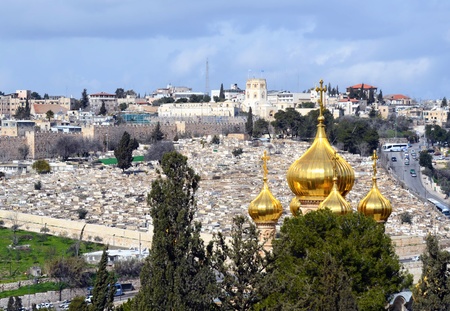 Church of Mary Magdalene  in front of the Jerusalem, Israel cityscape