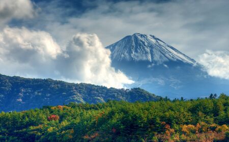 Mount Fuji on a cloudy day in Yamanashi Prefecture, Japan.の写真素材