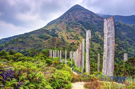 Steles containing centuries old sutra along Wisdom path at the hills of Ngong Ping on Lantau Island, Hong Kong, China.のeditorial素材