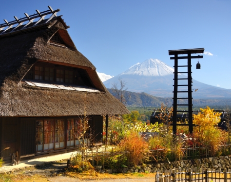 Historic Japanese huts in Kawaguchi, Japan with Mt Fuji Visible in the distance.のeditorial素材