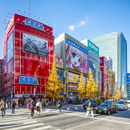 TOKYO - DECEMBER 29: Pedestrians and traffic in the Akihabara distrct December 29, 2012 in Tokyo, JP. The district is a major shopping area for electronic, computer, anime, games and otaku goods.のeditorial素材
