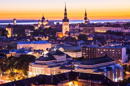 Skyline of Tallinn, Estonia at sunset.の写真素材
