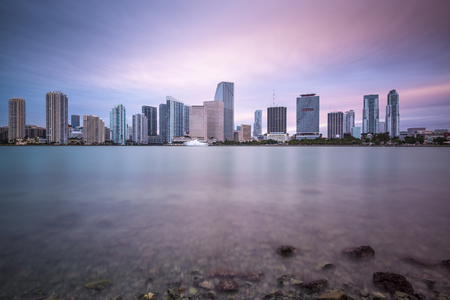 Miami, Florida, USA skyline from across Biscayne Bay at dawn.のeditorial素材