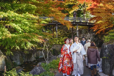 NAGOYA, JAPAN - NOVEMBER 27, 2012: A Japanese couple enjoy fall foliage while dressed in traditional...