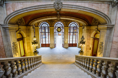 PORTO, PORTUGAL - OCTOBER 15, 2014: Stairs in the Stock Exchange Palace (Palacio da Bolsa). The palace was built in the 19th century by the city's Comercial Association.のeditorial素材