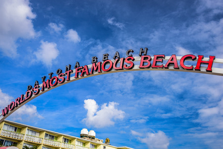 DAYTONA BEACH, FLORIDA - JANUARY 3, 2015: Daytona Beach sign. The popular spring break destination is dubbed "World's Most Famous Beach."のeditorial素材