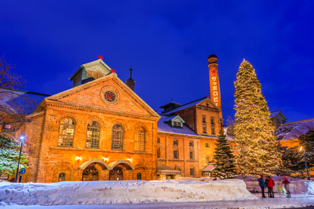 SAPPORO, JAPAN - FEBRUARY 17, 2017: Sapporo Beer Museum at night. The building was first opened as Kaitakushi Brewery in 1876.のeditorial素材