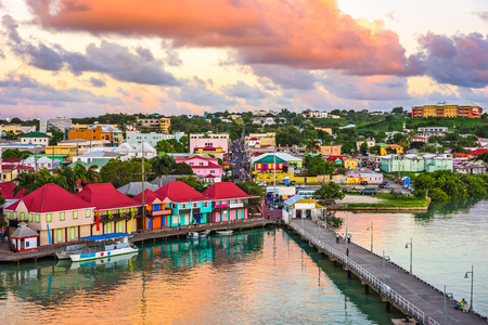 St. John's, Antigua port and skyline at twilight.のeditorial素材