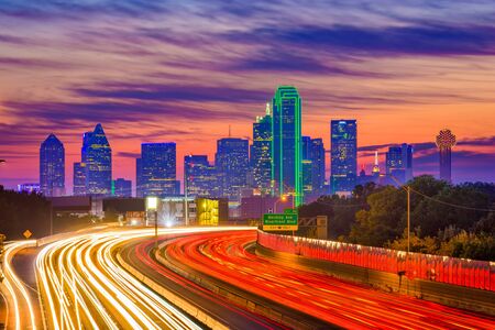 Dallas, Texas, USA downtown skyline and highway.の写真素材