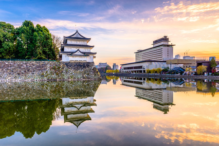 Nagoya, Japan castle moat at twilight.のeditorial素材