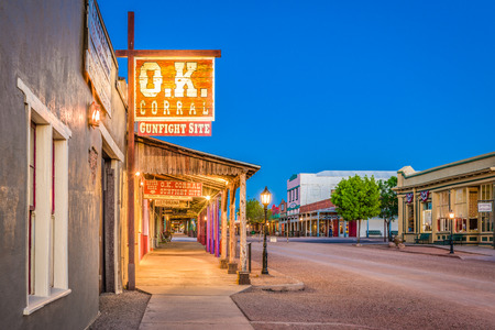 TOMBSTONE, ARIZONA - APRIL 17, 2018: The O.K. Corral Gunfight Site at twilight. The site is known for the most famous shootout in the history of the American Wild West.のeditorial素材