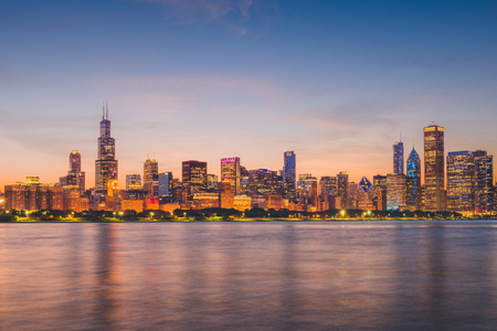 Chicago, Illinois, USA downtown skyline from Lake Michigan at dusk.の写真素材