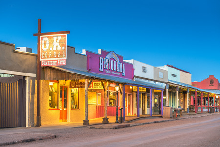 TOMBSTONE, ARIZONA - APRIL 17, 2018: The O.K. Corral Gunfight Site at twilight. The site is known for the most famous shootout in the history of the American Wild West.のeditorial素材