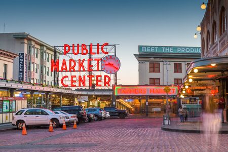 SEATTLE; WASHINGTON - July 2; 2018: Pike Place Market at night. The popular tourist destination opened in 1907 and is one of the oldest continuously operated public markets in the United states.のeditorial素材