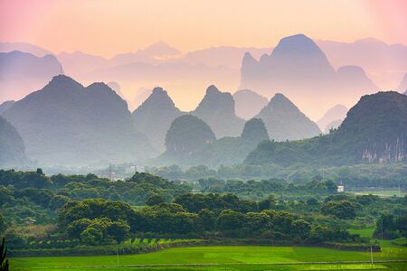 Guilin, China karst mountain landscape at dusk.の写真素材