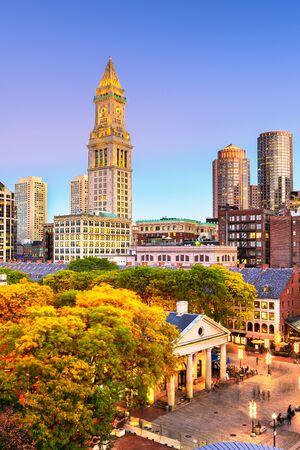 Boston, Massachusetts, USA skyline with Faneuil Hall and Quincy Market at dusk.の写真素材