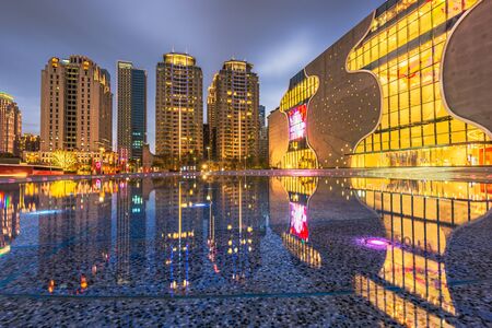 Taichung, Taiwan downtown plaza and square at night.