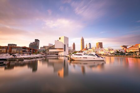 Cleveland, Ohio, USA downtown city skyline and harbor at twilight.