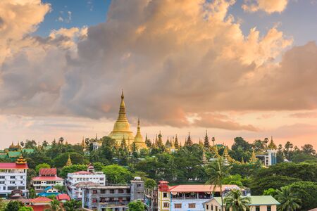Yangon, Myanmar view of Shwedagon Pagoda at dusk.
