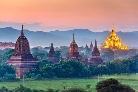 Bagan, Myanmar temples in the Archaeological Zone at dusk.の写真素材