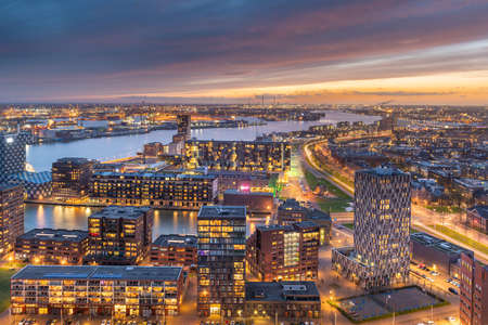 Rotterdam, Netherlands, cityscape towards the borough of Delfshaven at twilight
