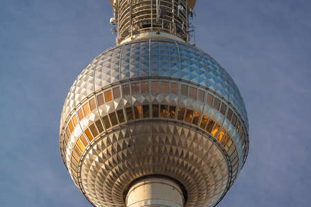 BERLIN, GERMANY - SEPTEMBER 17, 2013: Close up of the Fernsehturm in Berlin. The television tower...