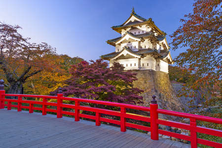 Hirosaki Castle in Hirosaki, Japan in autumn at dusk.のeditorial素材