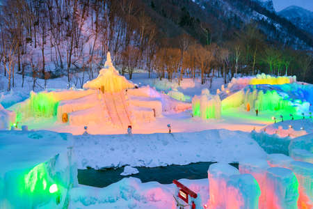 SOUNKYO, JAPAN - FEBRUARY 14, 2017: Illuminated ice sculptures at the annual Sounkyo Ice Fall Festival.のeditorial素材