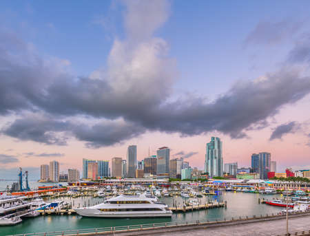 Miami, Florida, USA port and downtown skyline at dusk.の写真素材