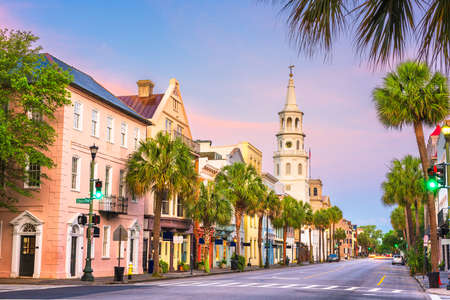 Charleston, South Carolina, USA in the French Quarter at twilight.の写真素材