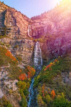 Bridal Veil Falls, Provo, Utah during autumn season at sunset.