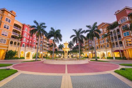 Naples, Florida, USA town skyline and city plaza at twilight.の写真素材