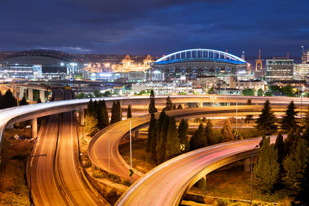 Seattle, Washington, USA highways and traffic at night.の写真素材