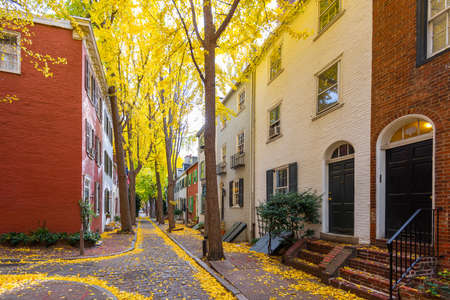 Autumn alleyway in a traditional neighborhood in Philadelphia, Pennsylvania, USA.の写真素材