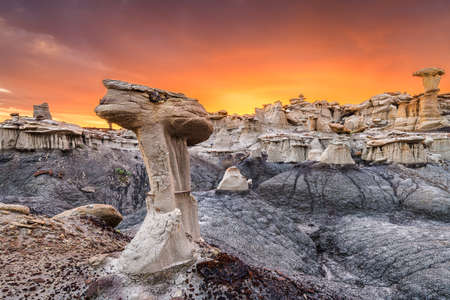 Bisti/De-Na-Zin Wilderness, New Mexico, USA at Valley of Dreams after sunset.の写真素材