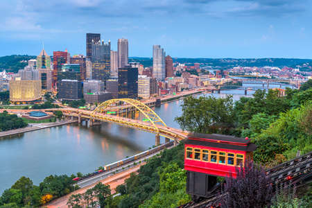 Pittsburgh, Pennsylvania, USA downtown skyline and incline at dusk.の写真素材