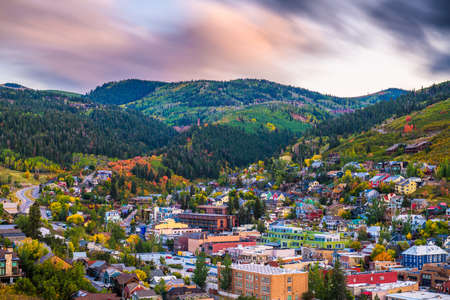 Park City, Utah, USA downtown in autumn at dusk.のeditorial素材